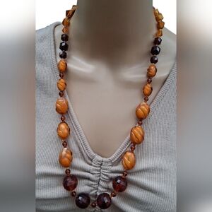 Vintage Amber And Butterscotch Toned Acrylic And Glass Bead Necklace